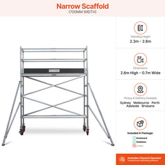 2.3m – 2.6m Narrow Aluminium Mobile Scaffold Base Tower with 2 Outriggers & Kickboards