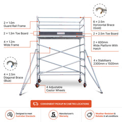 2.7m – 3.0m Wide Aluminium Mobile Scaffold Base Tower with 4 Outriggers & Kickboards