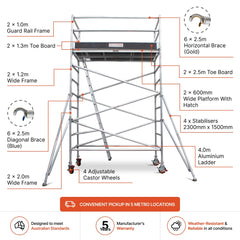 3.5m – 3.8m Wide Aluminium Mobile Scaffold Base Tower with 4 Outriggers & Kickboards