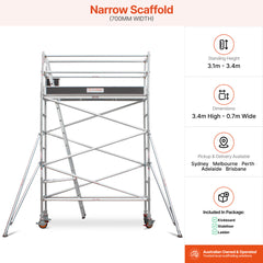 3.1m – 3.4m Narrow Aluminium Mobile Scaffold Base Tower with 4 Outriggers & Kickboards