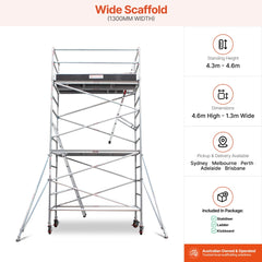 4.3m - 4.6m Wide Aluminium Mobile Scaffold Base Tower with 2 Outriggers & Kickboards