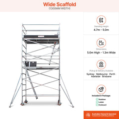 4.7m – 5.0m Wide Aluminium Mobile Scaffold Base Tower with 4 Outriggers & Kickboards