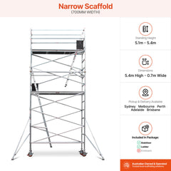 5.1m – 5.4m Narrow Aluminium Mobile Scaffold Base Tower with 4 Outriggers