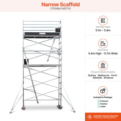 5.1m – 5.4m Narrow Aluminium Mobile Scaffold Base Tower with 4 Outriggers & Kickboards