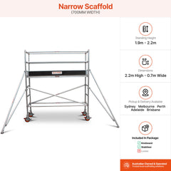 1.9m – 2.2m Narrow Aluminium Mobile Scaffold Base Tower with 4 Outriggers & Kickboards