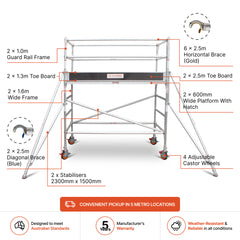 1.9m – 2.2m Wide Aluminium Mobile Scaffold Base Tower with 2 Outriggers & Kickboards