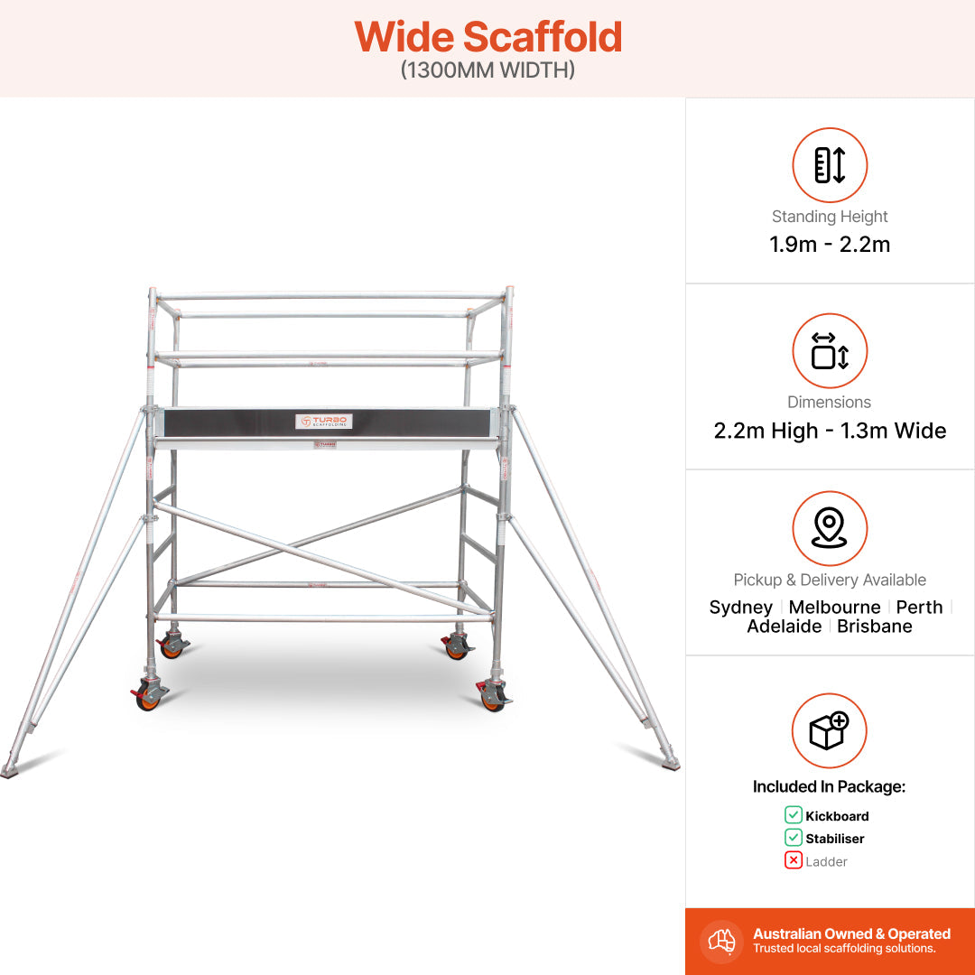 1.9m – 2.2m Wide Aluminium Mobile Scaffold Base Tower with 2 Outriggers & Kickboards