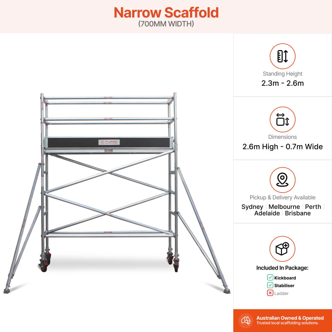2.3m – 2.6m Narrow Aluminium Mobile Scaffold Base Tower with 4 Outriggers & Kickboards
