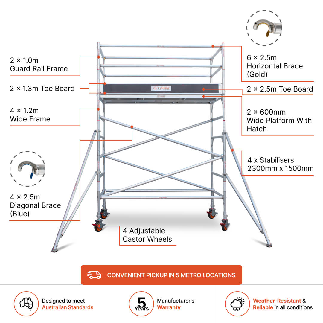 2.7m – 3.0m Wide Aluminium Mobile Scaffold Base Tower with 4 Outriggers & Kickboards