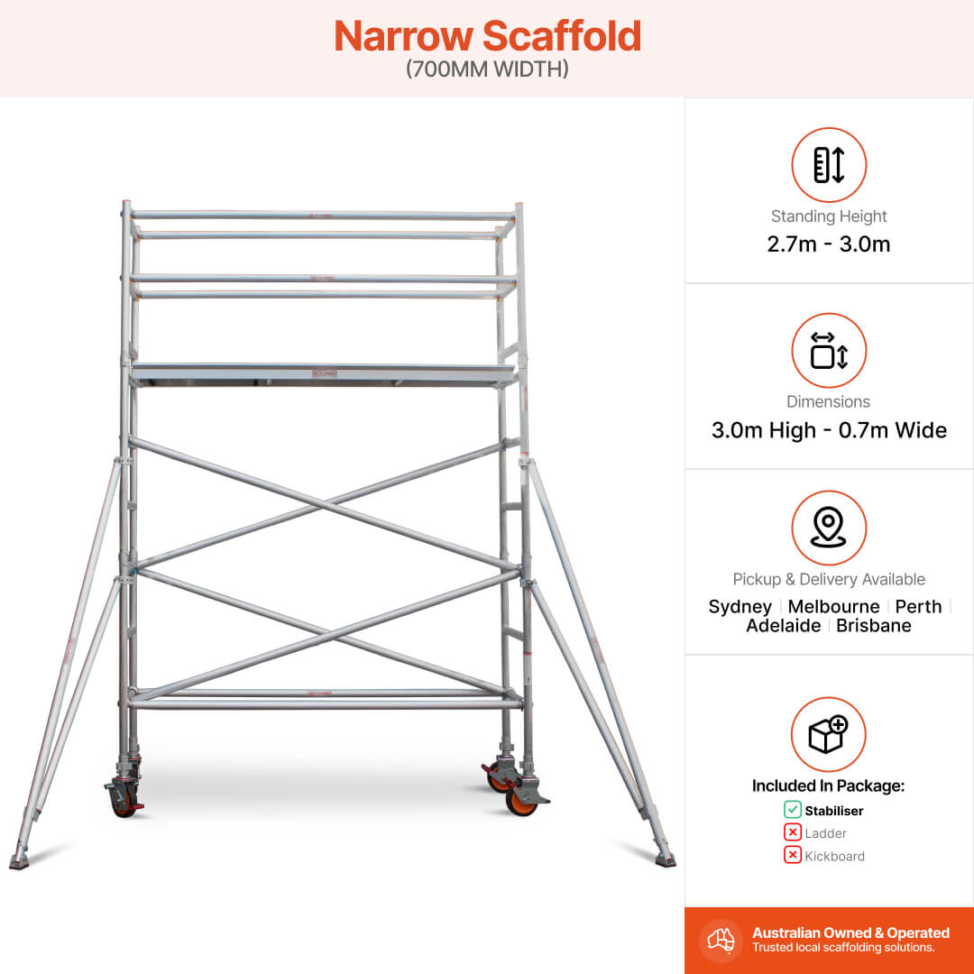 2.7m – 3.0m Narrow Aluminium Mobile Scaffold Base Tower with 2 Outriggers