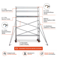 2.7m – 3.0m Narrow Aluminium Mobile Scaffold Base Tower with 2 Outriggers