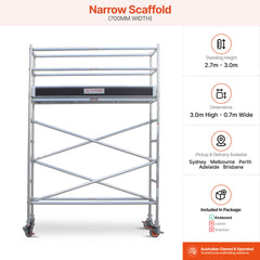 2.7m – 3.0m Narrow Aluminium Mobile Scaffold Base Tower with Kickboards