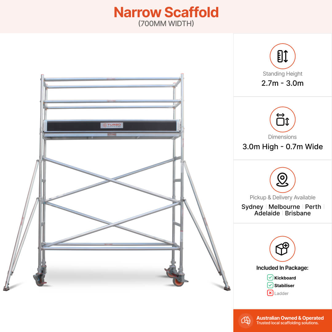 2.7m – 3.0m Narrow Aluminium Mobile Scaffold Base Tower with 2 Outriggers & Kickboards