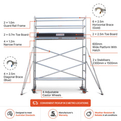 2.7m – 3.0m Narrow Aluminium Mobile Scaffold Base Tower with 2 Outriggers & Kickboards