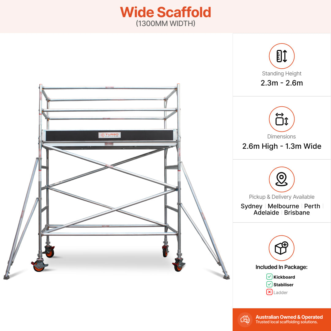 2.3m – 2.6m Wide Aluminium Mobile Scaffold Base Tower with 2 Outriggers & Kickboards