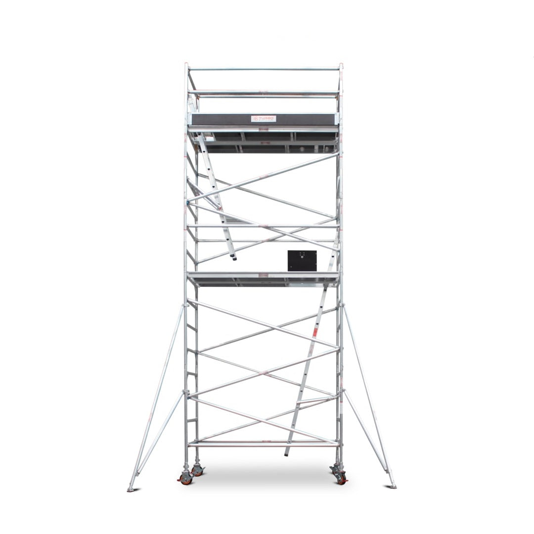 5.9m - 6.2m Wide Aluminium Mobile Scaffold Base Tower with 4 Outriggers & Kickboards