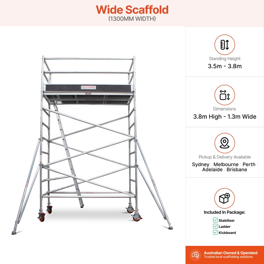 3.5m – 3.8m Wide Aluminium Mobile Scaffold Base Tower with 2 Outriggers & Kickboards