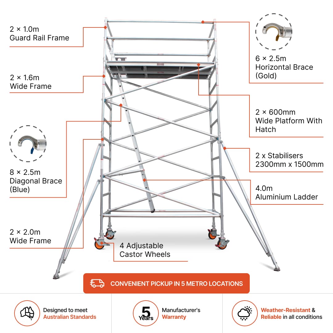 3.9m - 4.2m Wide Aluminium Mobile Scaffold Base Tower with 2 Outriggers