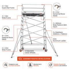 3.9m - 4.2m Wide Aluminium Mobile Scaffold Base Tower with 2 Outriggers