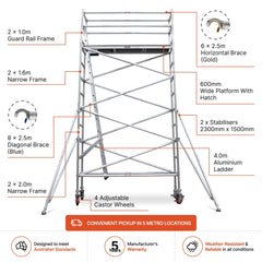 3.9m - 4.2m Narrow Aluminium Mobile Scaffold Base Tower with 2 Outriggers