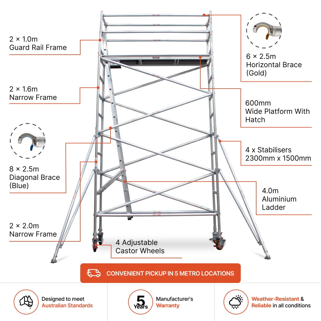 3.9m - 4.2m Narrow Aluminium Mobile Scaffold Base Tower with 4 Outriggers