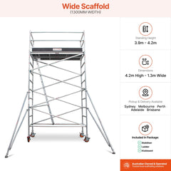 3.9m - 4.2m Wide Aluminium Mobile Scaffold Base Tower with 2 Outriggers & Kickboards