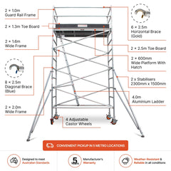 3.9m - 4.2m Wide Aluminium Mobile Scaffold Base Tower with 2 Outriggers & Kickboards