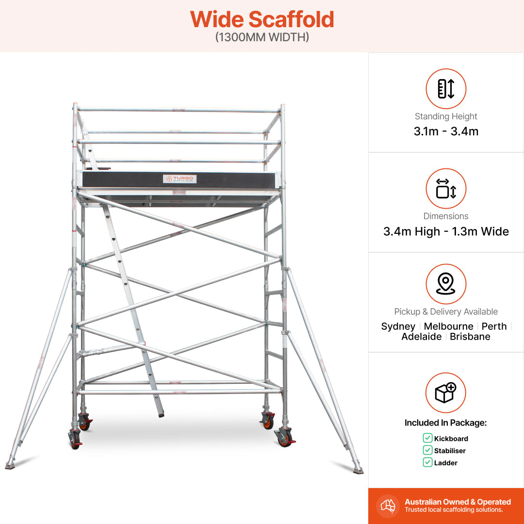 3.1m – 3.4m Wide Aluminium Mobile Scaffold Base Tower with 4 Outriggers & Kickboards