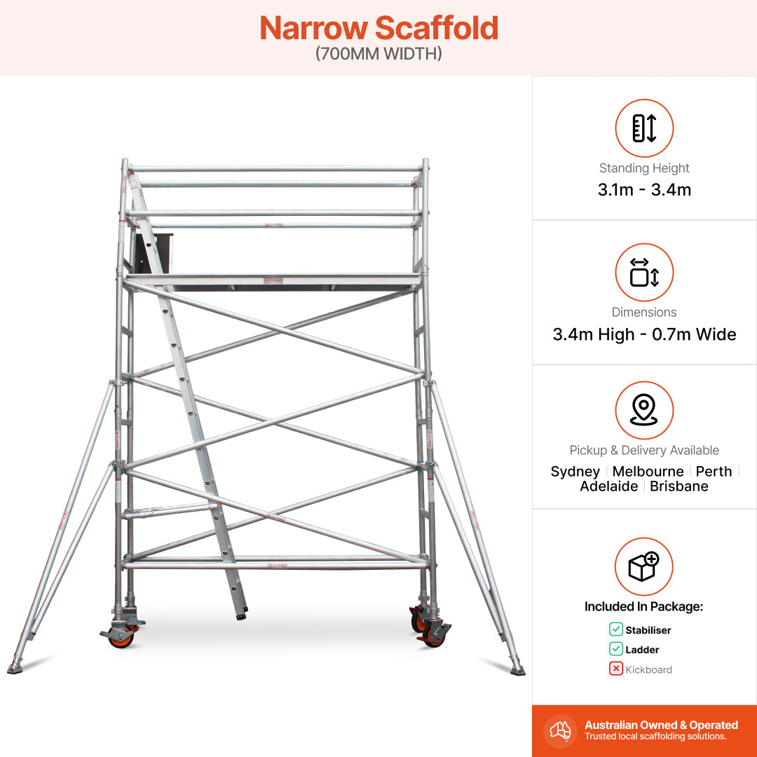 3.1m – 3.4m Narrow Aluminium Mobile Scaffold Base Tower with 2 Outriggers