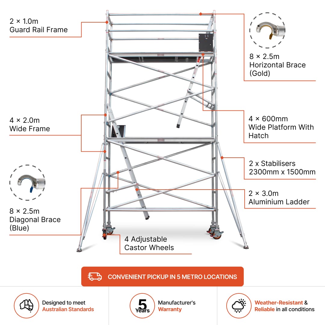 4.3m - 4.6m Wide Aluminium Mobile Scaffold Base Tower with 2 Outriggers