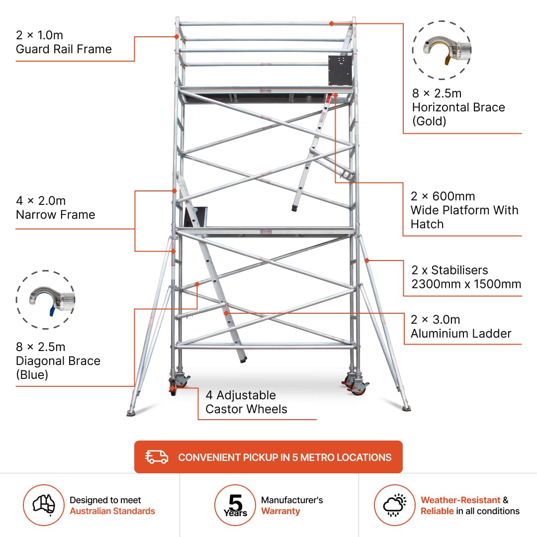 4.3m - 4.6m Narrow Aluminium Mobile Scaffold Base Tower with 2 Outriggers