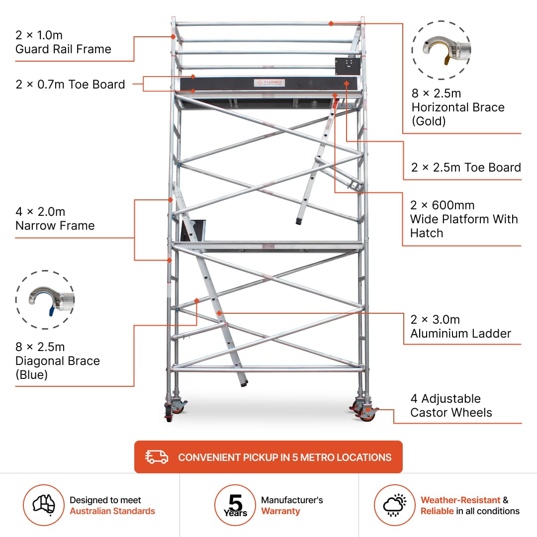 4.3m - 4.6m Narrow Aluminium Mobile Scaffold Base Tower with Kickboards