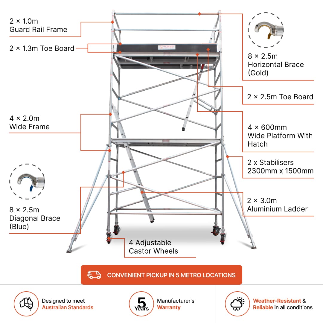 4.3m - 4.6m Wide Aluminium Mobile Scaffold Base Tower with 2 Outriggers & Kickboards