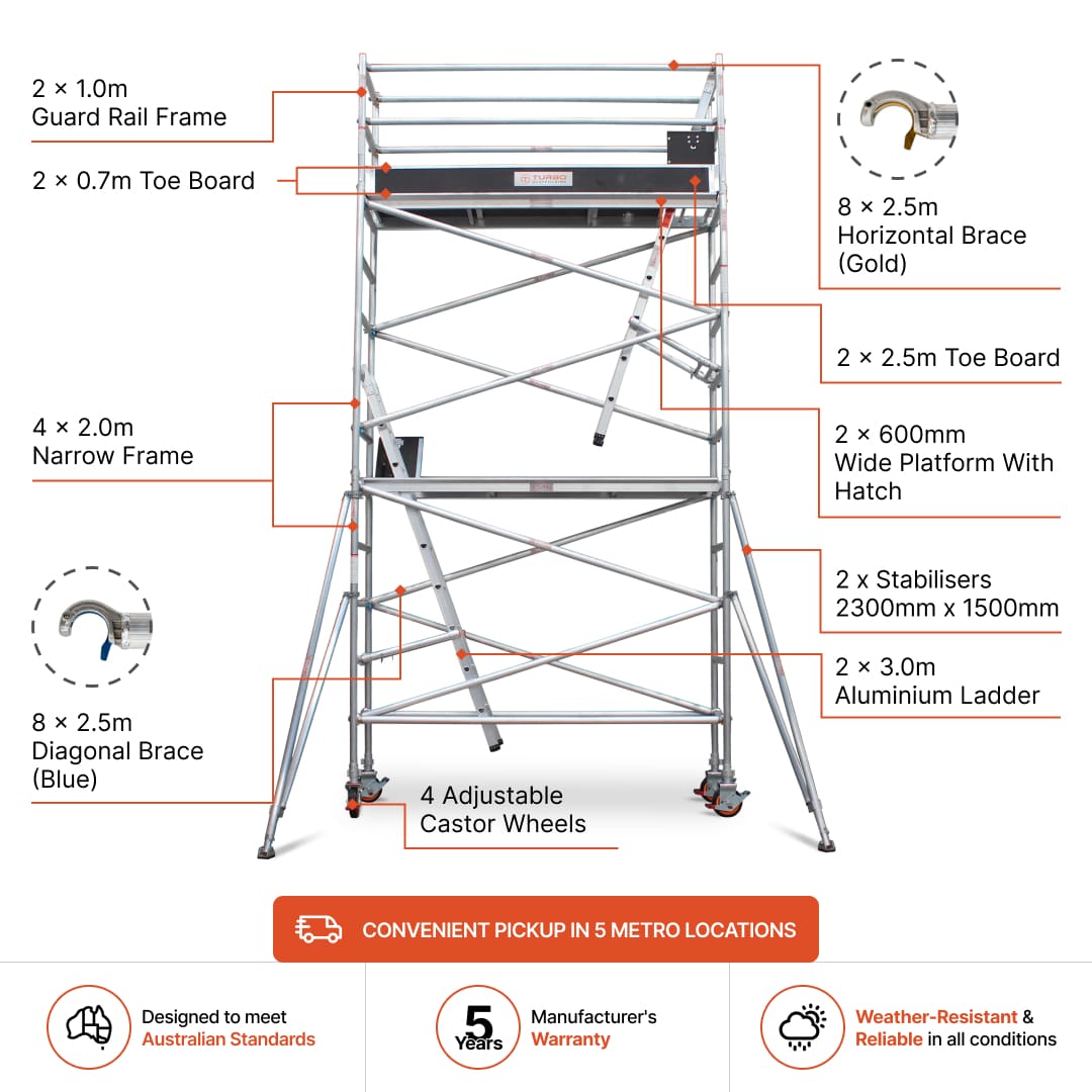 4.3m - 4.6m Narrow Aluminium Mobile Scaffold Base Tower with 2 Outriggers & Kickboards
