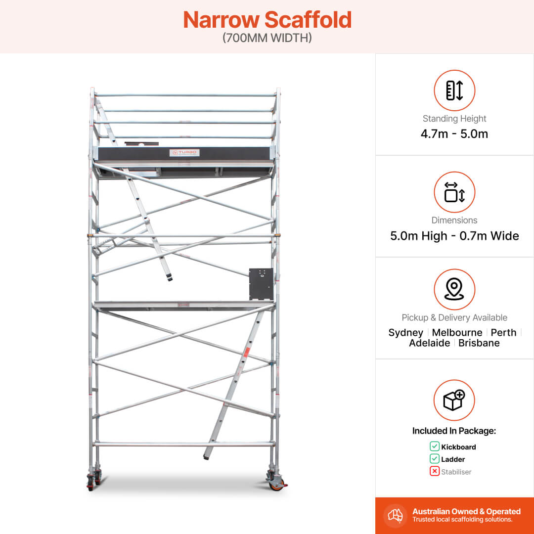 4.7m – 5.0m Narrow Aluminium Mobile Scaffold Base Tower with Kickboards