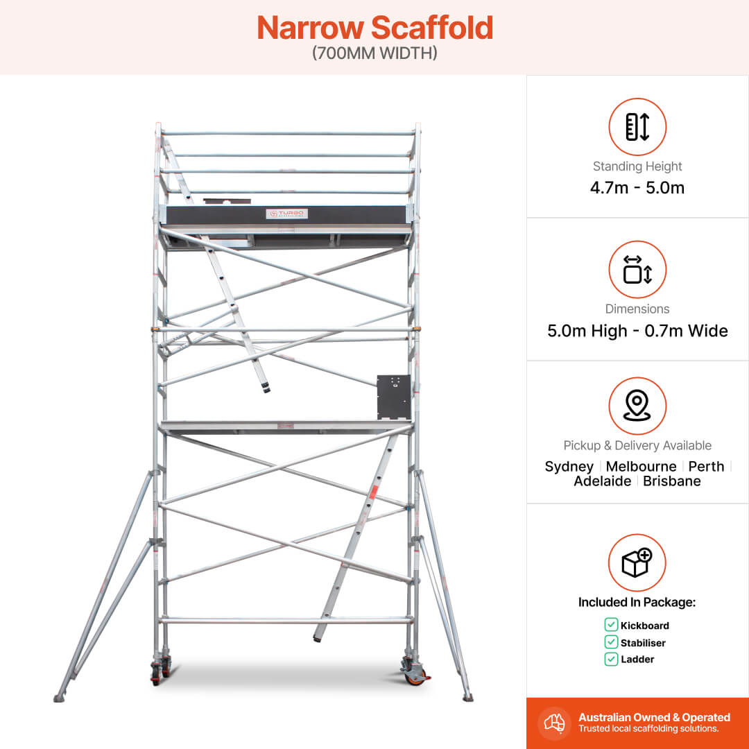 4.7m – 5.0m Narrow Aluminium Mobile Scaffold Base Tower with 4 Outriggers & Kickboards
