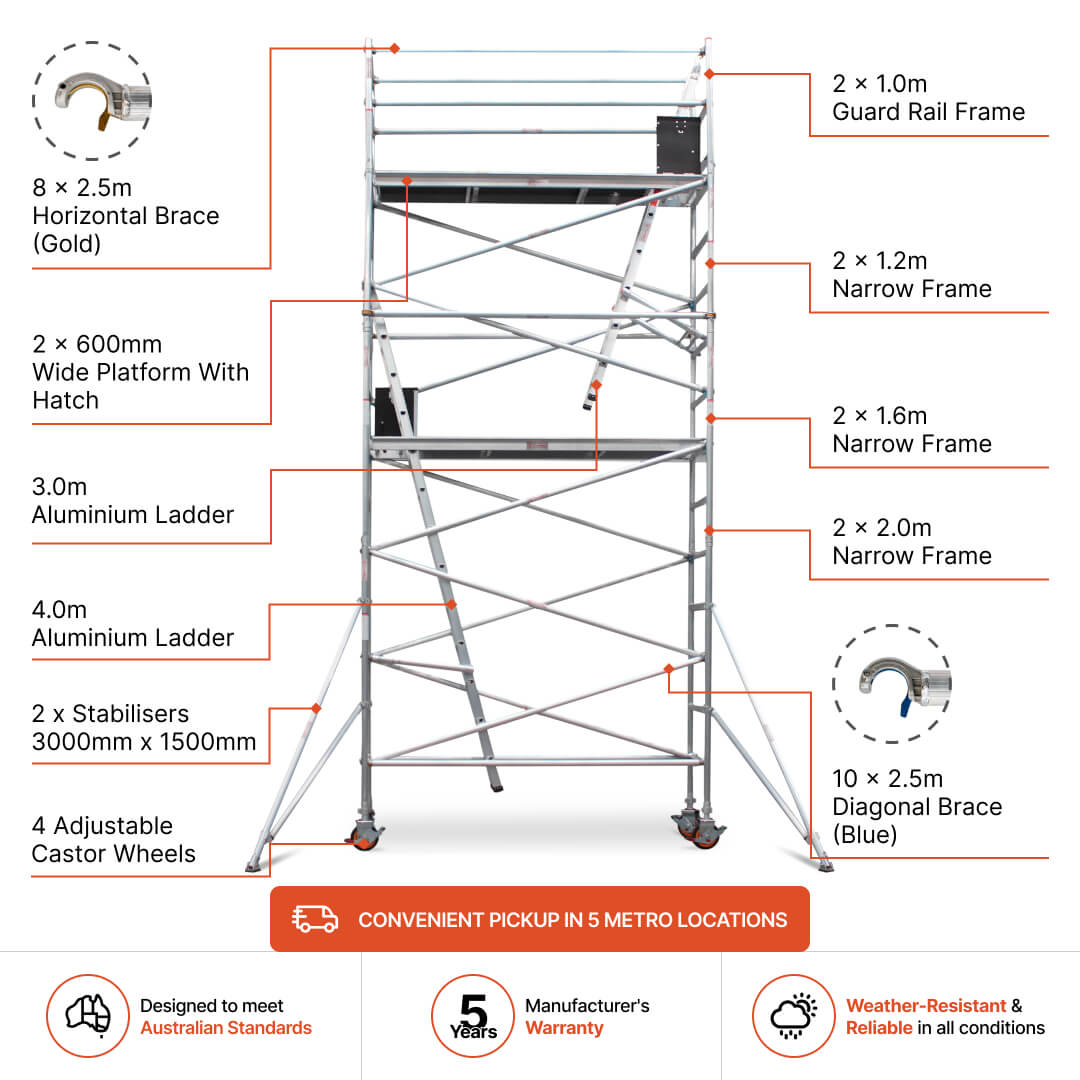 5.1m – 5.4m Narrow Aluminium Mobile Scaffold Base Tower with 2 Outriggers