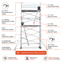 5.1m – 5.4m Narrow Aluminium Mobile Scaffold Base Tower with 2 Outriggers