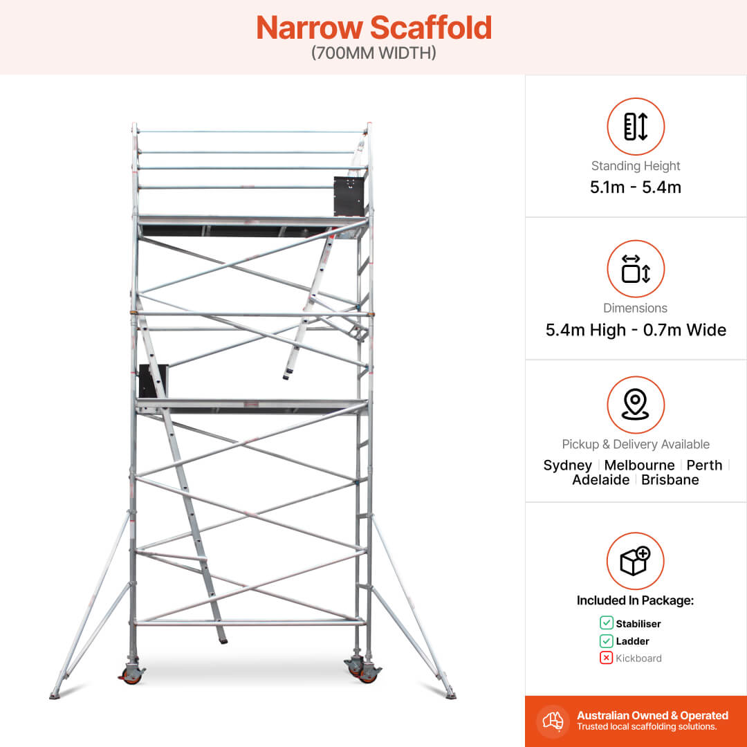 5.1m – 5.4m Narrow Aluminium Mobile Scaffold Base Tower with 4 Outriggers