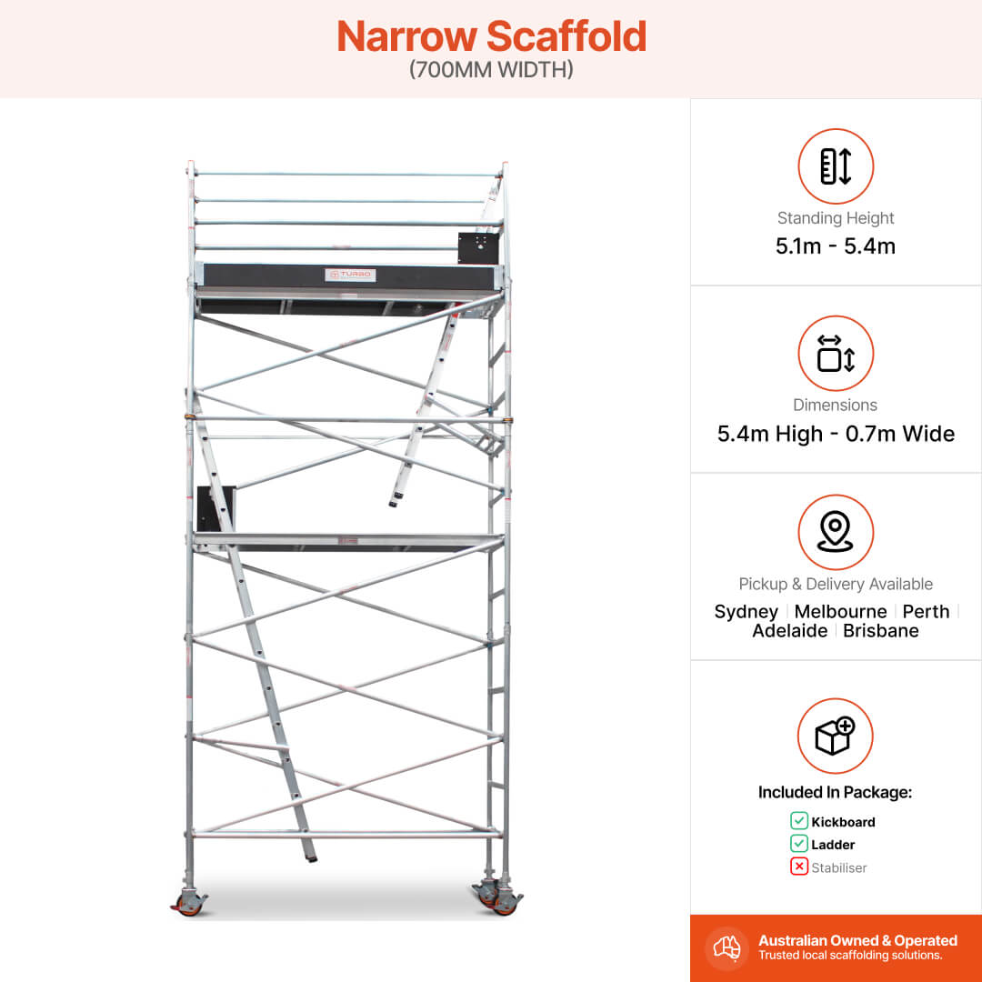 5.1m – 5.4m Narrow Aluminium Mobile Scaffold Base Tower with Kickboards