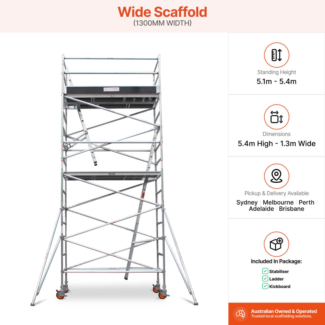 5.1m – 5.4m Wide Aluminium Mobile Scaffold Base Tower with 2 Outriggers & Kickboards