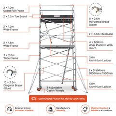 5.1m – 5.4m Wide Aluminium Mobile Scaffold Base Tower with 2 Outriggers & Kickboards