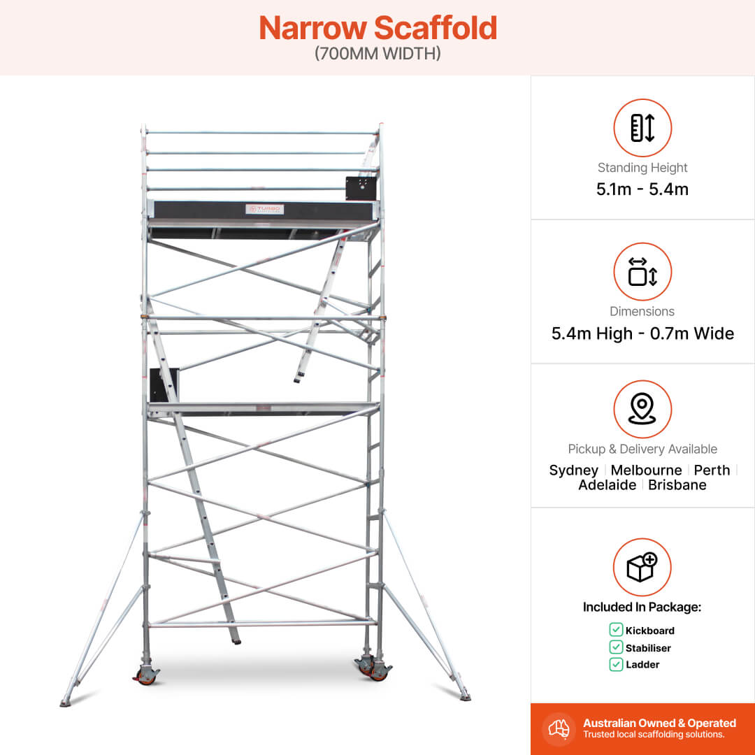 5.1m – 5.4m Narrow Aluminium Mobile Scaffold Base Tower with 4 Outriggers & Kickboards