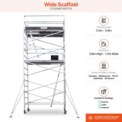 5.5m - 5.8m Wide Aluminium Mobile Scaffold Base Tower with 2 Outriggers & Kickboards