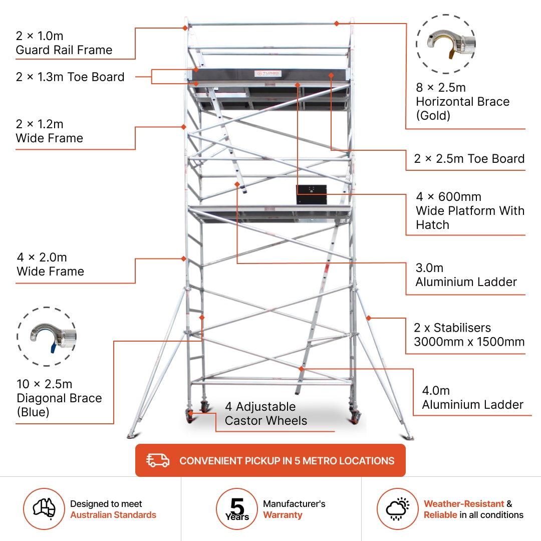 5.5m - 5.8m Wide Aluminium Mobile Scaffold Base Tower with 2 Outriggers & Kickboards