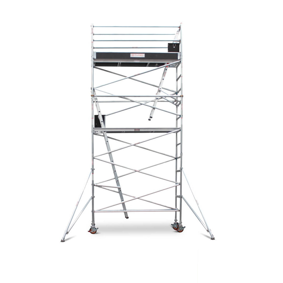 5.1m – 5.4m Narrow Aluminium Mobile Scaffold Base Tower with 4 Outriggers & Kickboards