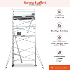 5.5m - 5.8m Narrow Aluminium Mobile Scaffold Base Tower with 4 Outriggers & Kickboards