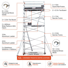 5.5m - 5.8m Narrow Aluminium Mobile Scaffold Base Tower with 4 Outriggers & Kickboards