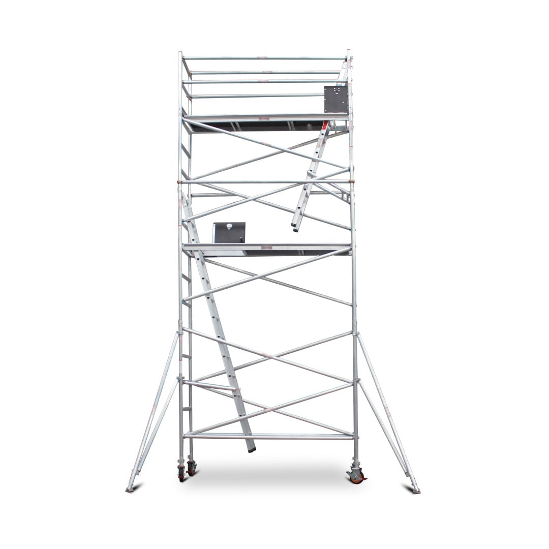 5.5m - 5.8m Narrow Aluminium Mobile Scaffold Base Tower with 2 Outriggers & Kickboards