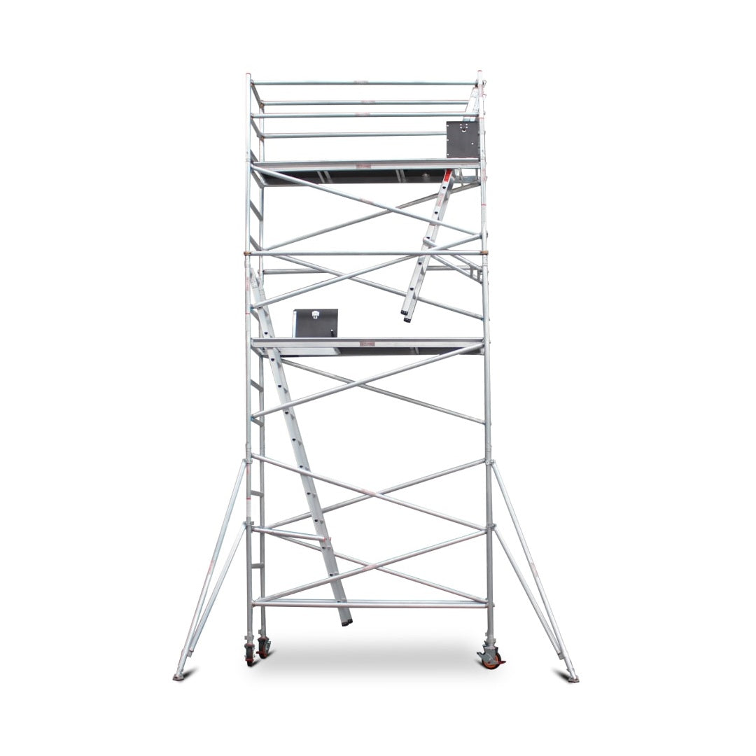 5.5m - 5.8m Narrow Aluminium Mobile Scaffold Base Tower with 4 Outriggers & Kickboards